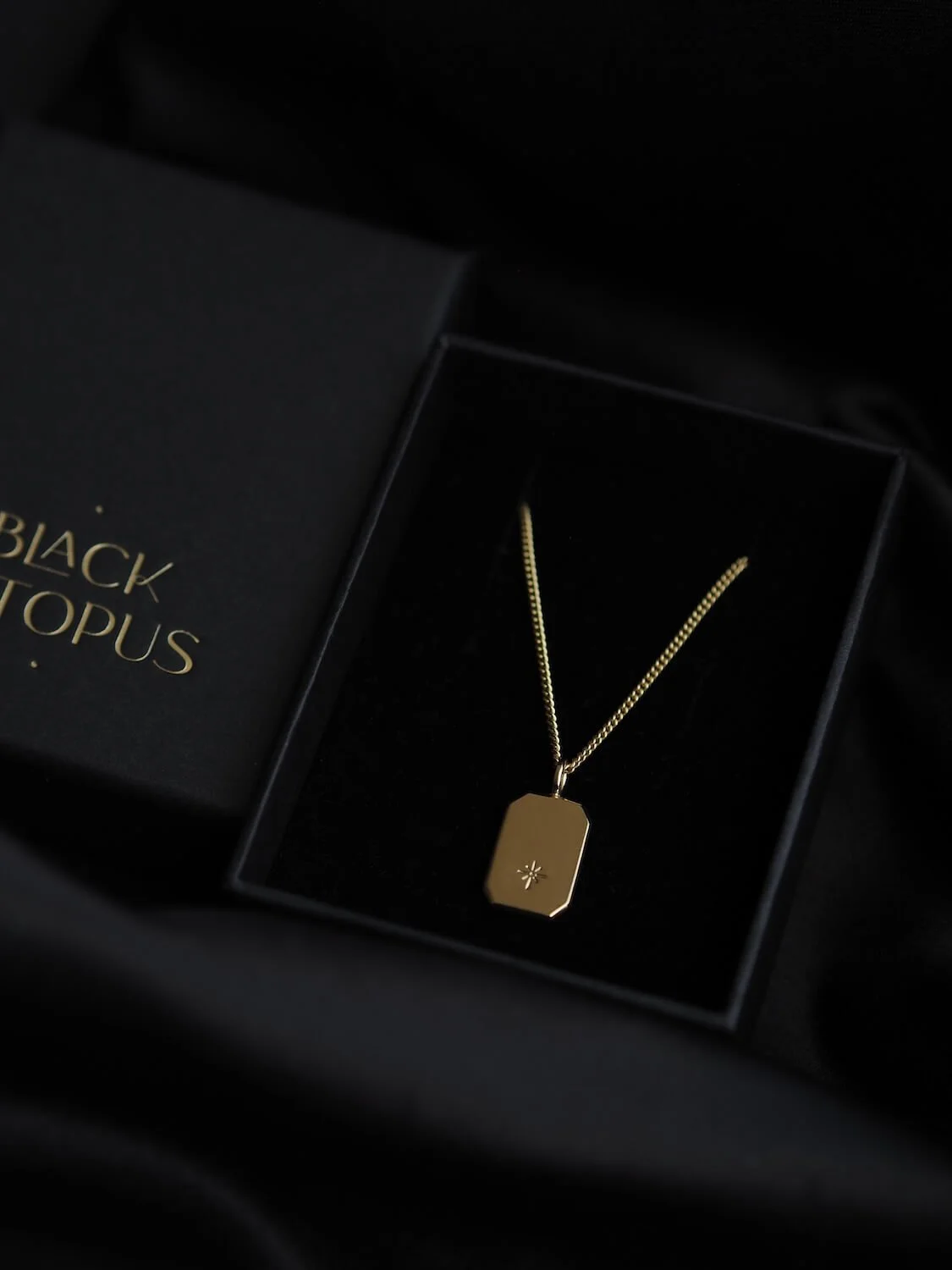 Gold Rectangle Celestial Star Pendant on Curb Chain