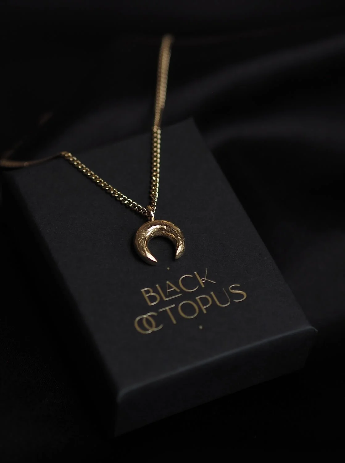 Gold crescent moon necklace with textured pendant displayed in a Black Octopus Jewellery box