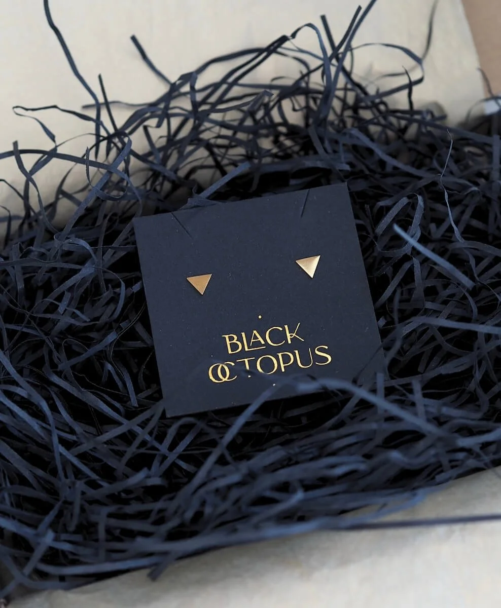 Gold Vermeil Triangle Stud Earrings in luxury jewellery gift packaging
