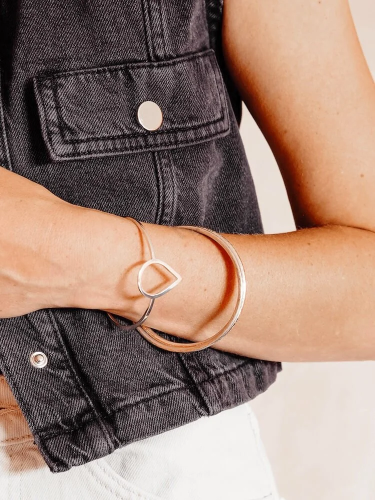 Sterling Silver round hammered bangle modelled