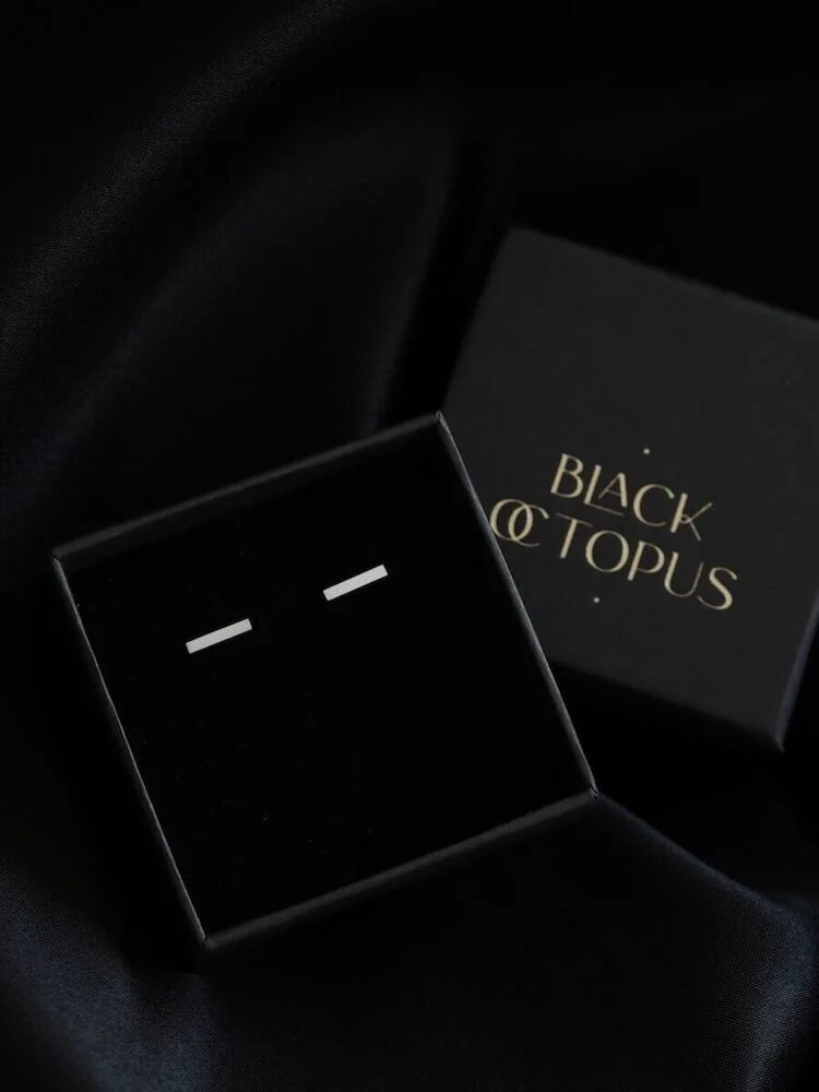Sterling Silver square bar stud earrings in luxury packaging