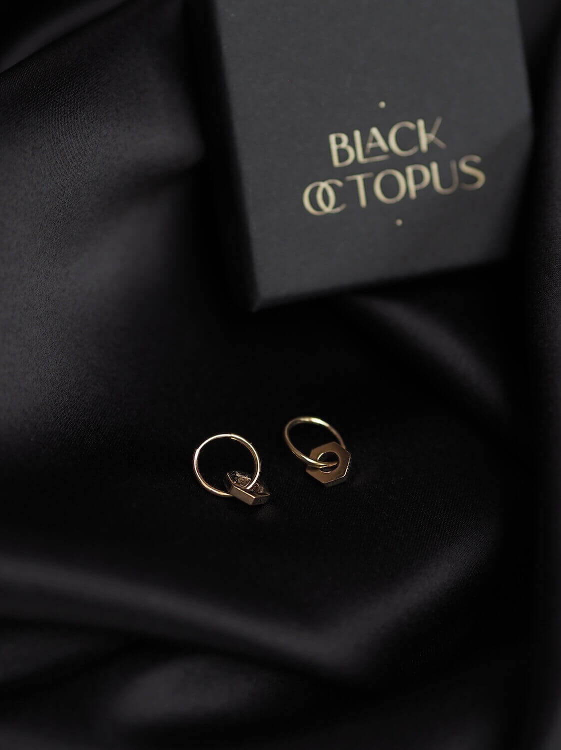 Gold Endless Hoop Earrings With A Hex Nut Pendant and Jewellery Box