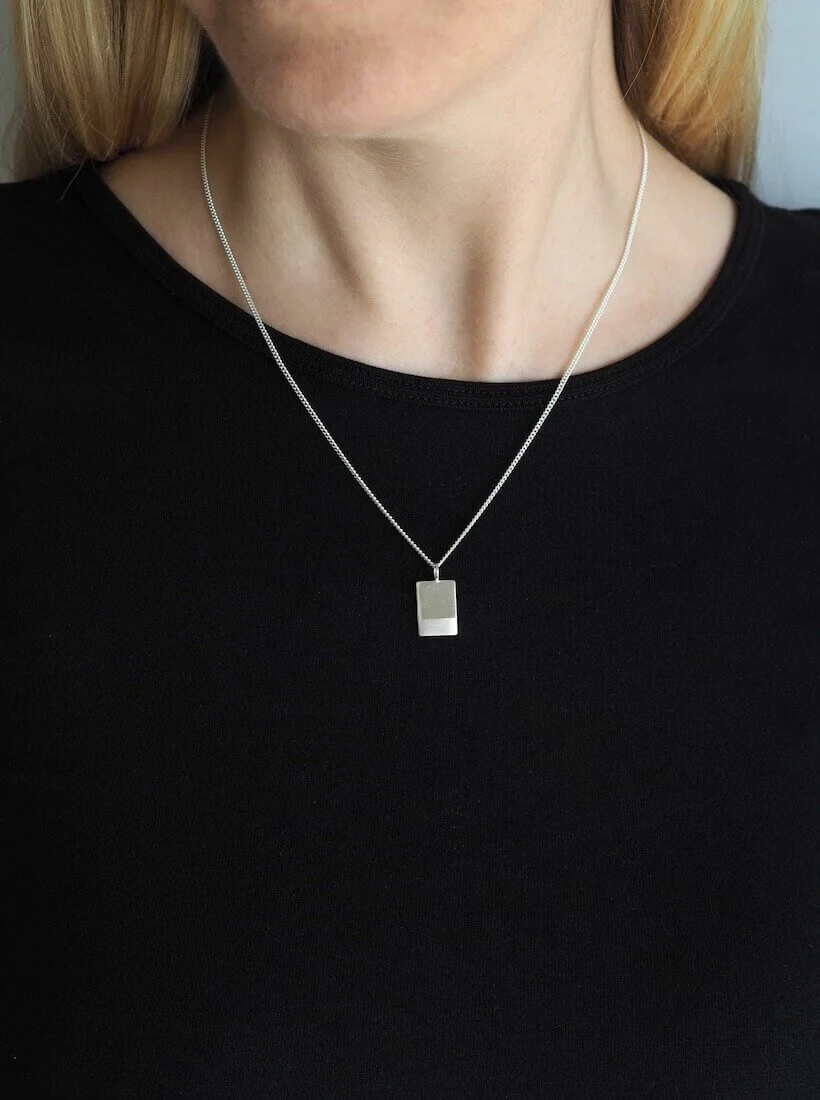 Sterling Silver Rectangle minimalist necklace modelled