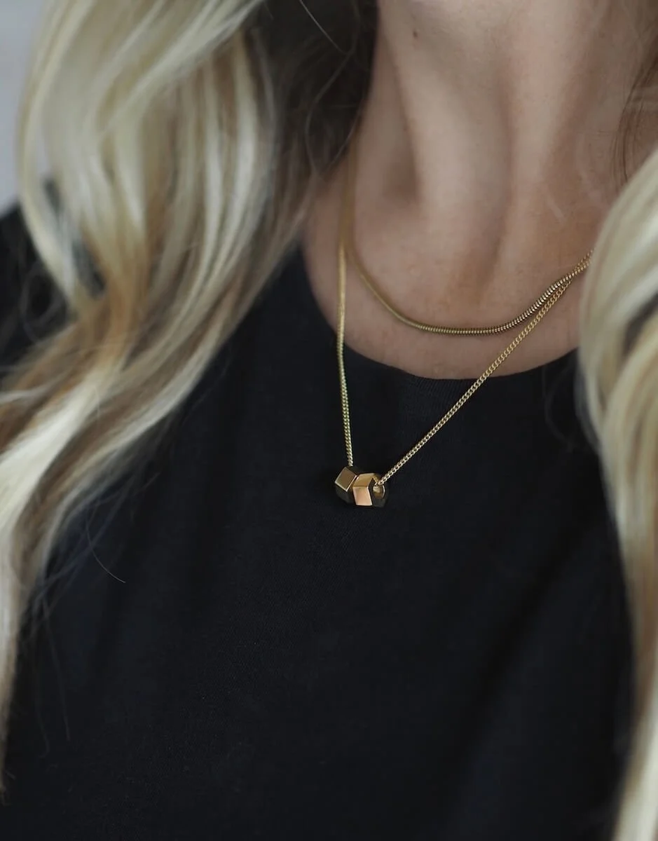 Gold minimalist pendant with hex nut duo- modelled