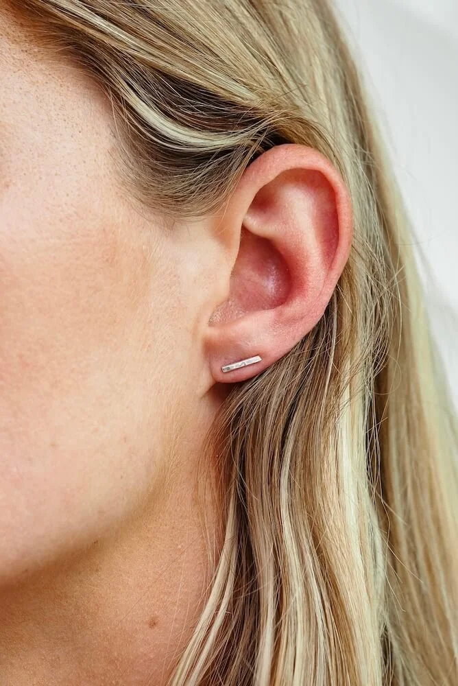 Sterling Silver Hammered Bar Stud Earrings Modelled