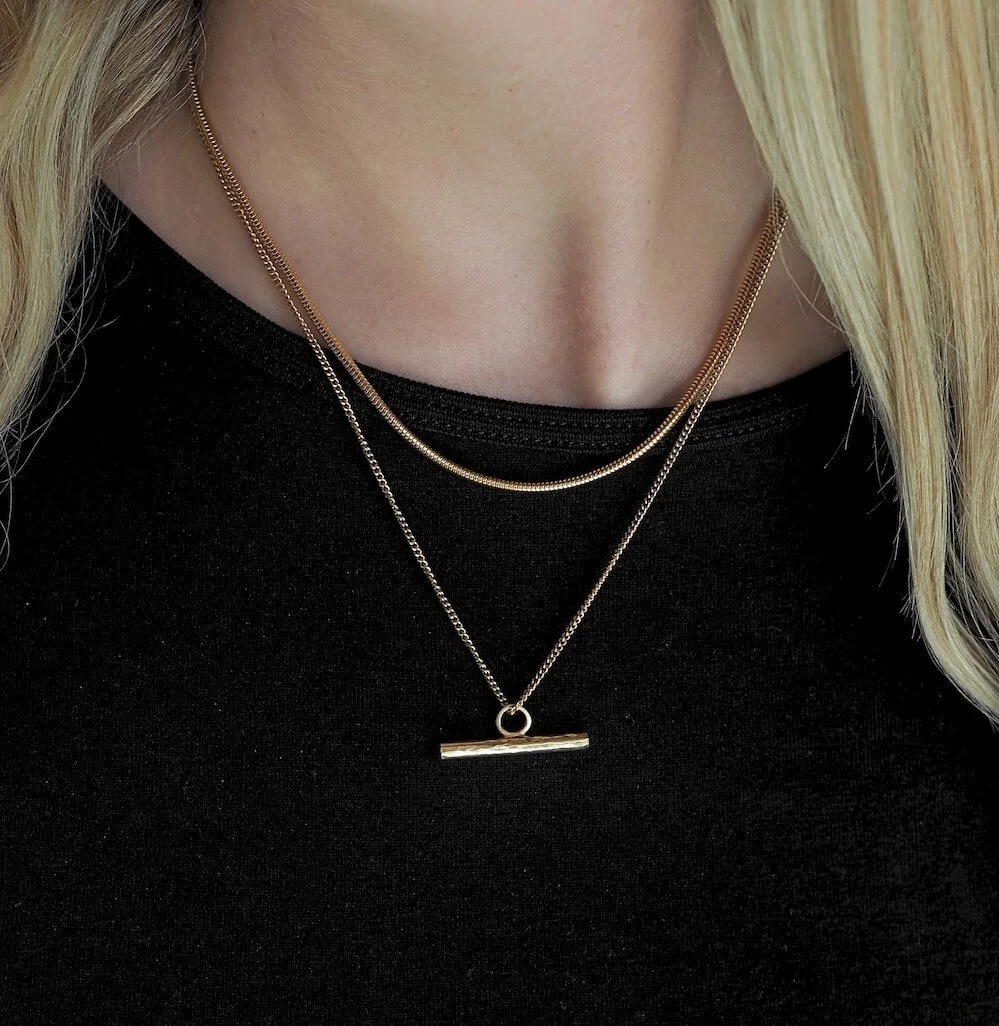 Gold Vermeil Hammered T-Bar pendant necklace modelled