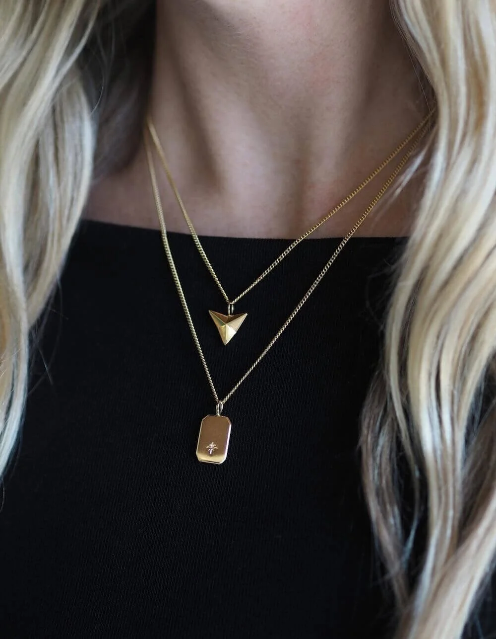 Gold Rectangle Celestial Star Pendant with gold arrowhead pendant modelled