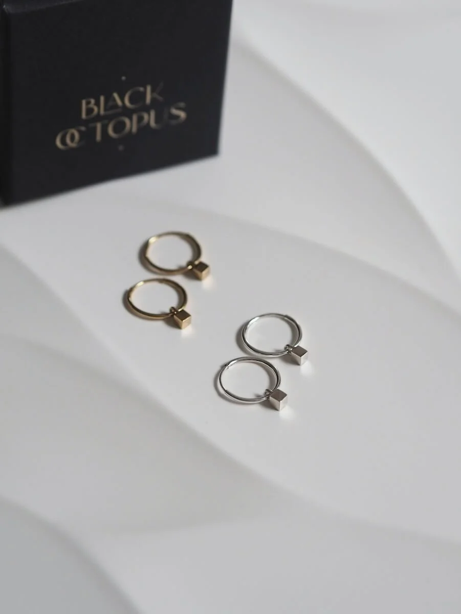 Silver and gold cube hoop earrings with box