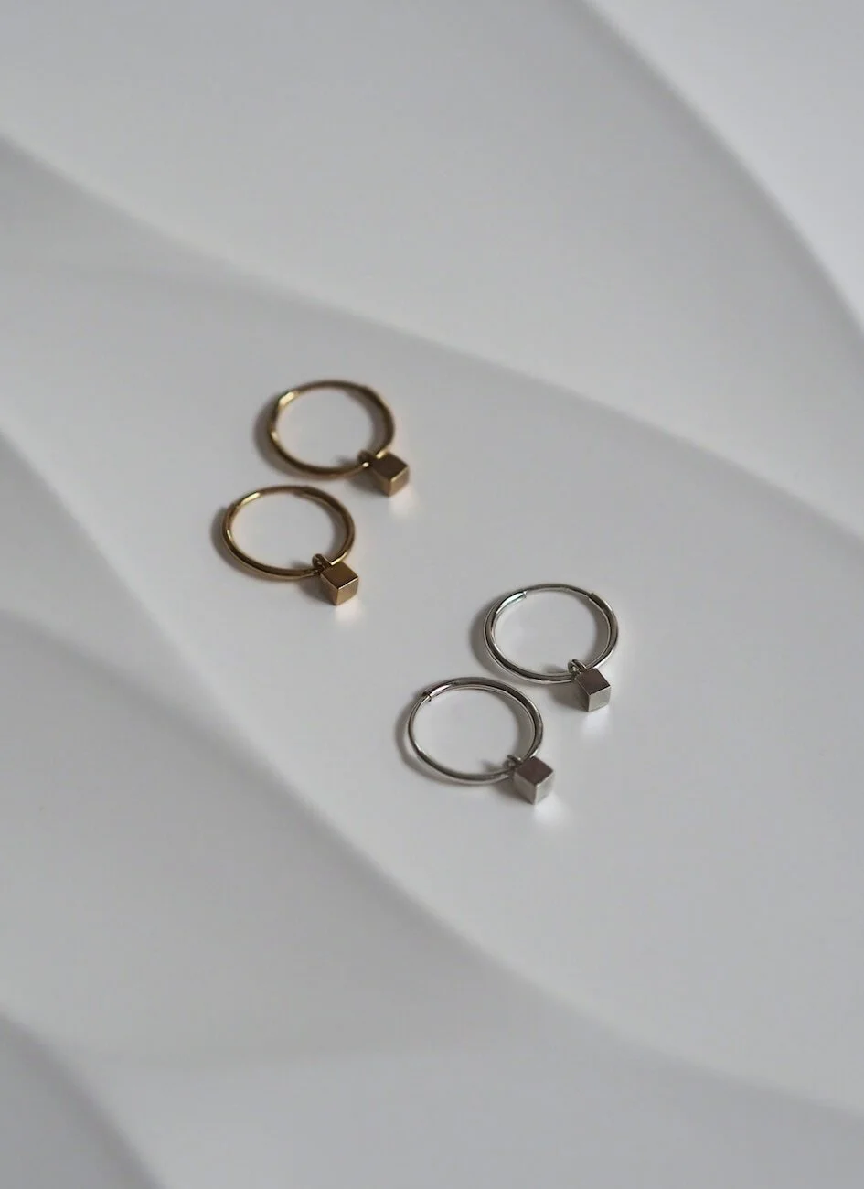 Gold and silver cube hoop minimalist earrings