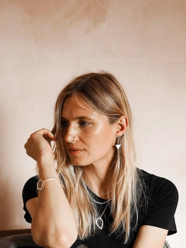 Sterling Silver Triangle threader earrings modelled