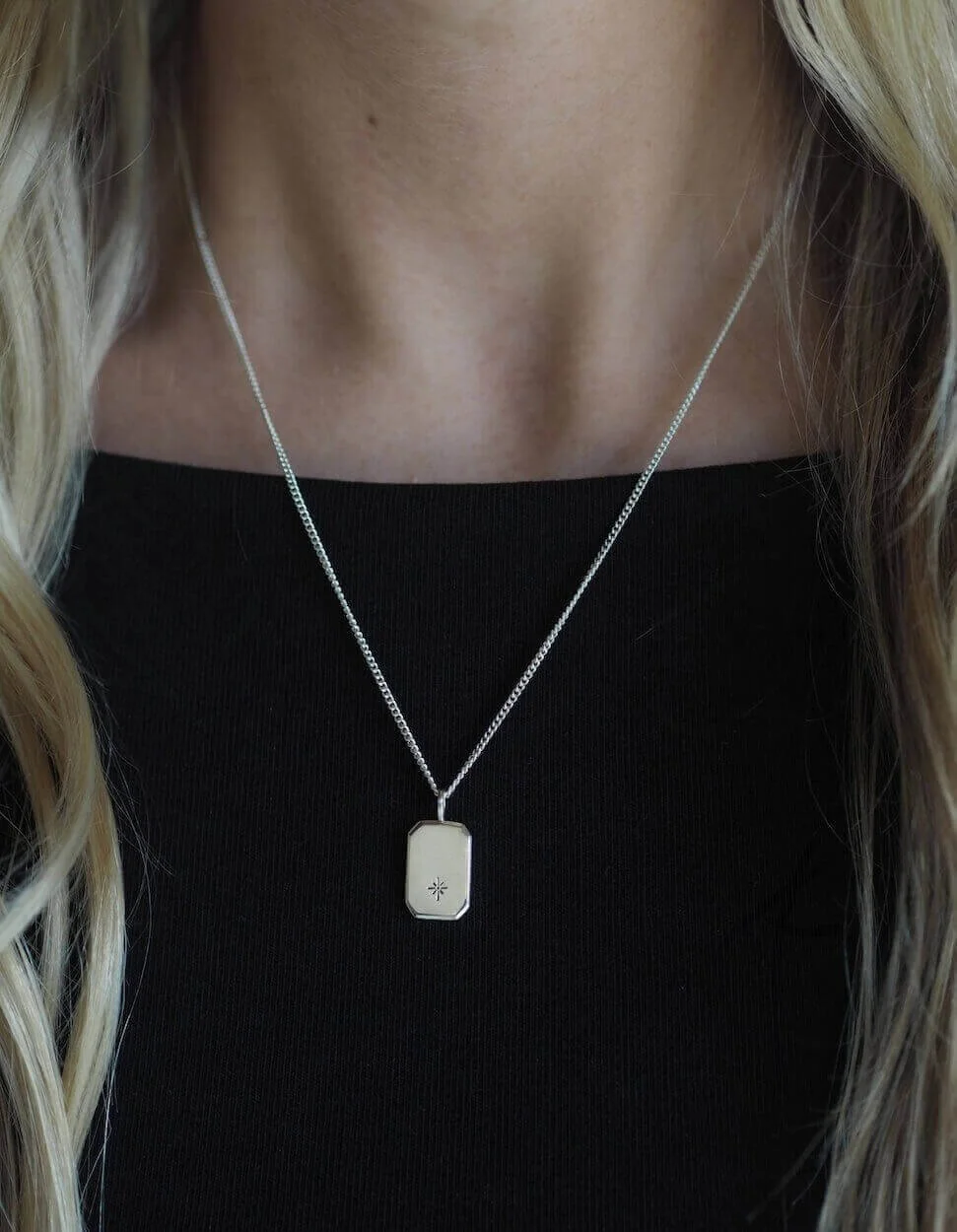Silver rectangle minimalist pendant with celestial star design