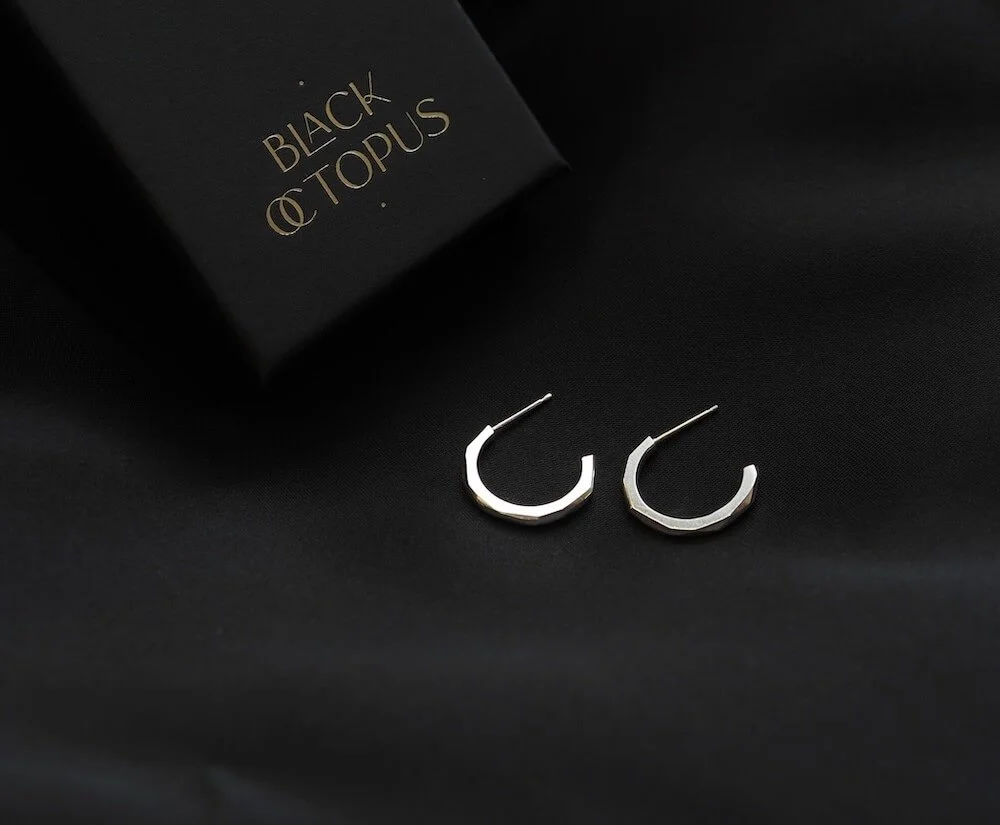 Sterling SIlver Statement Geometric Hoop Earrings In Box