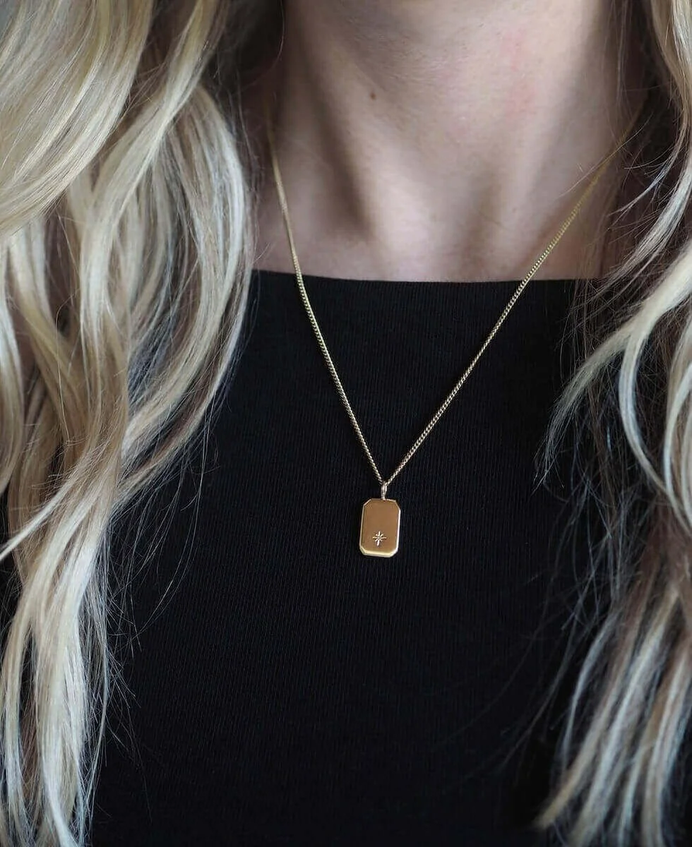 Gold Rectangle Celestial Star Pendant on Curb Chain