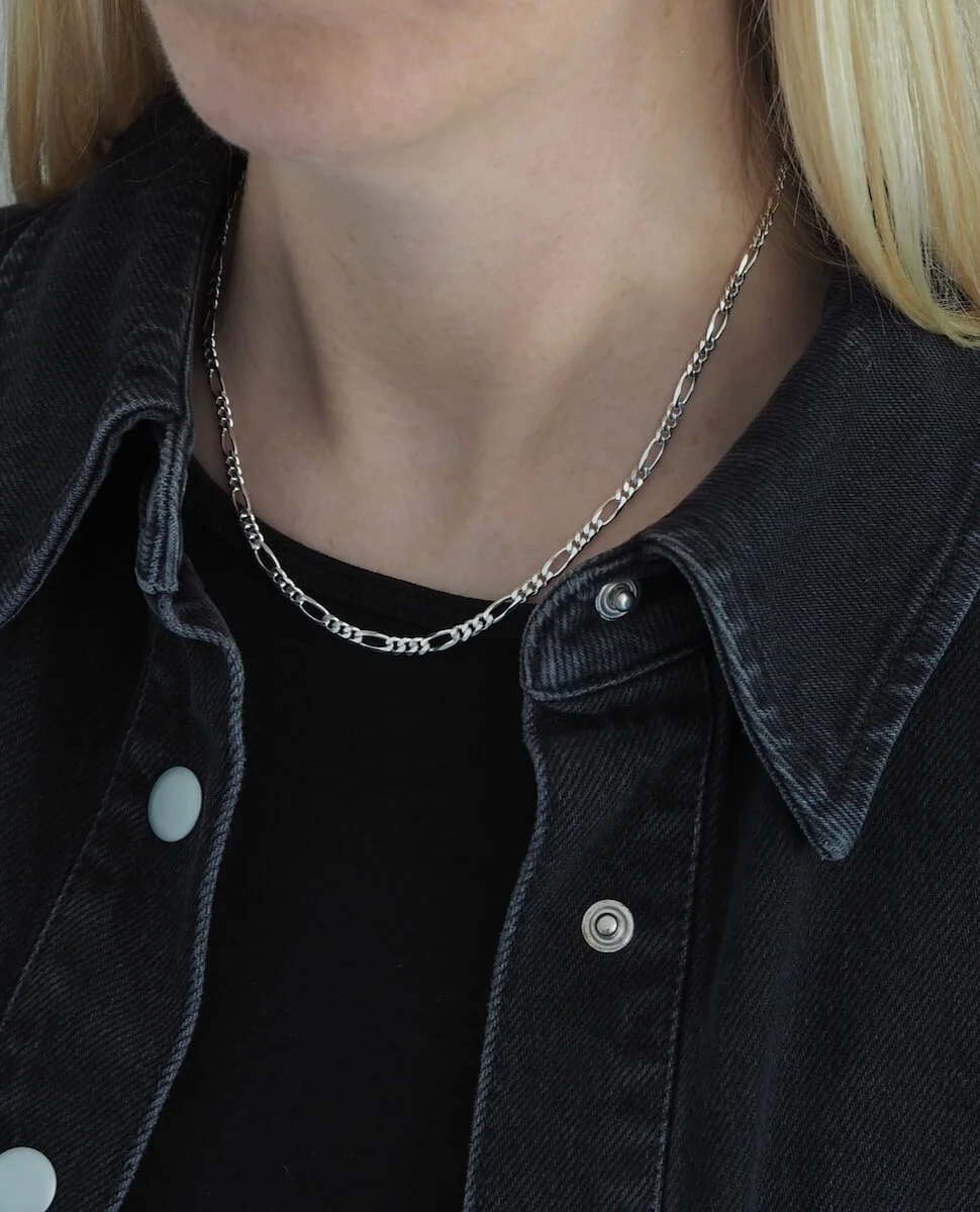 Sterling Silver Statement Figaro Chain Necklace Modelled