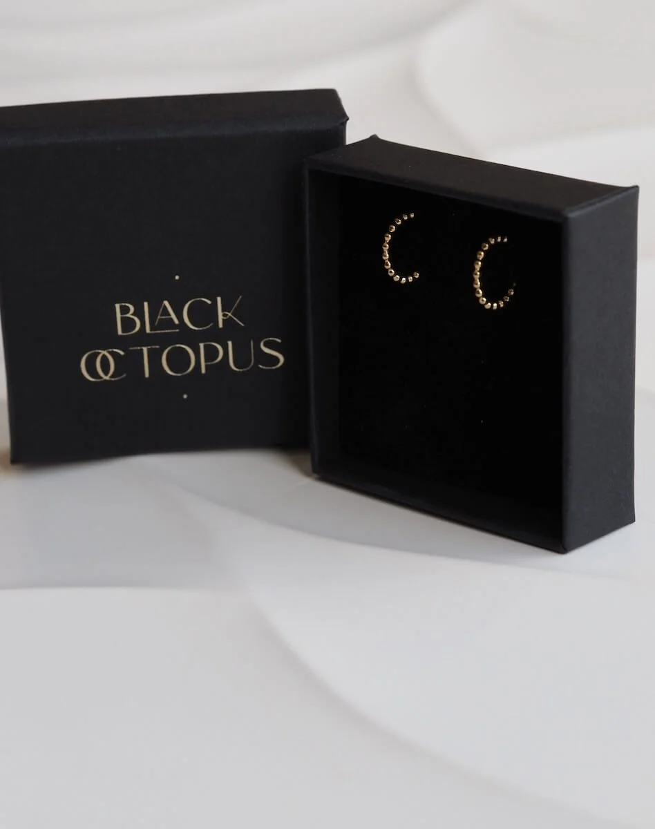 Gold Vermeil huggie hoops beaded earrings in earring box