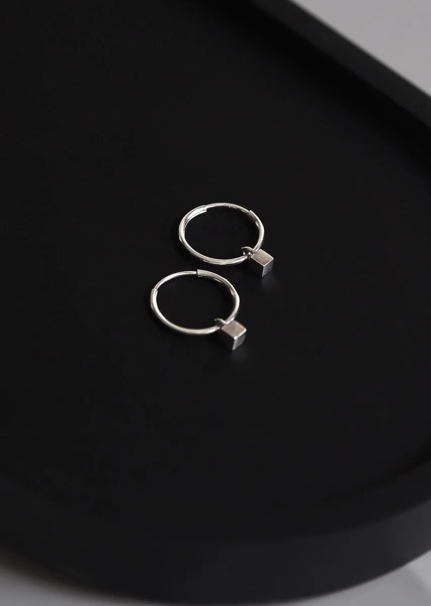 Silver cube hoop earrings