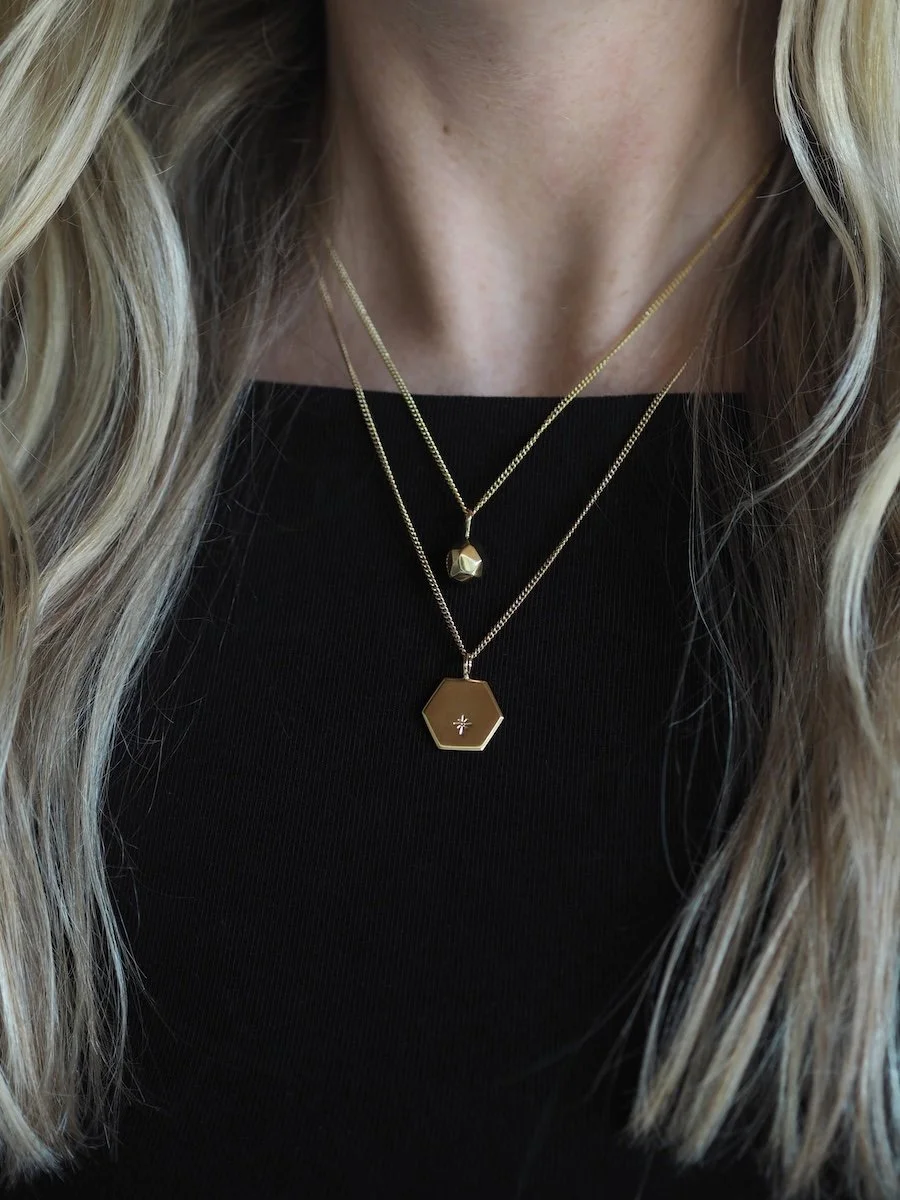 Gold Hexagon Pendant with celestial star design, gold layering chains