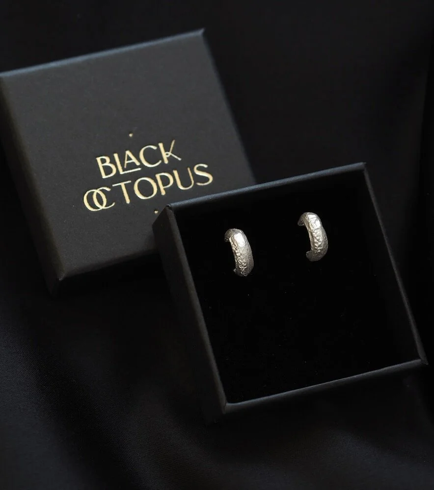 Organic Handmade Sterling Silver Hoop Earrings in Black Box