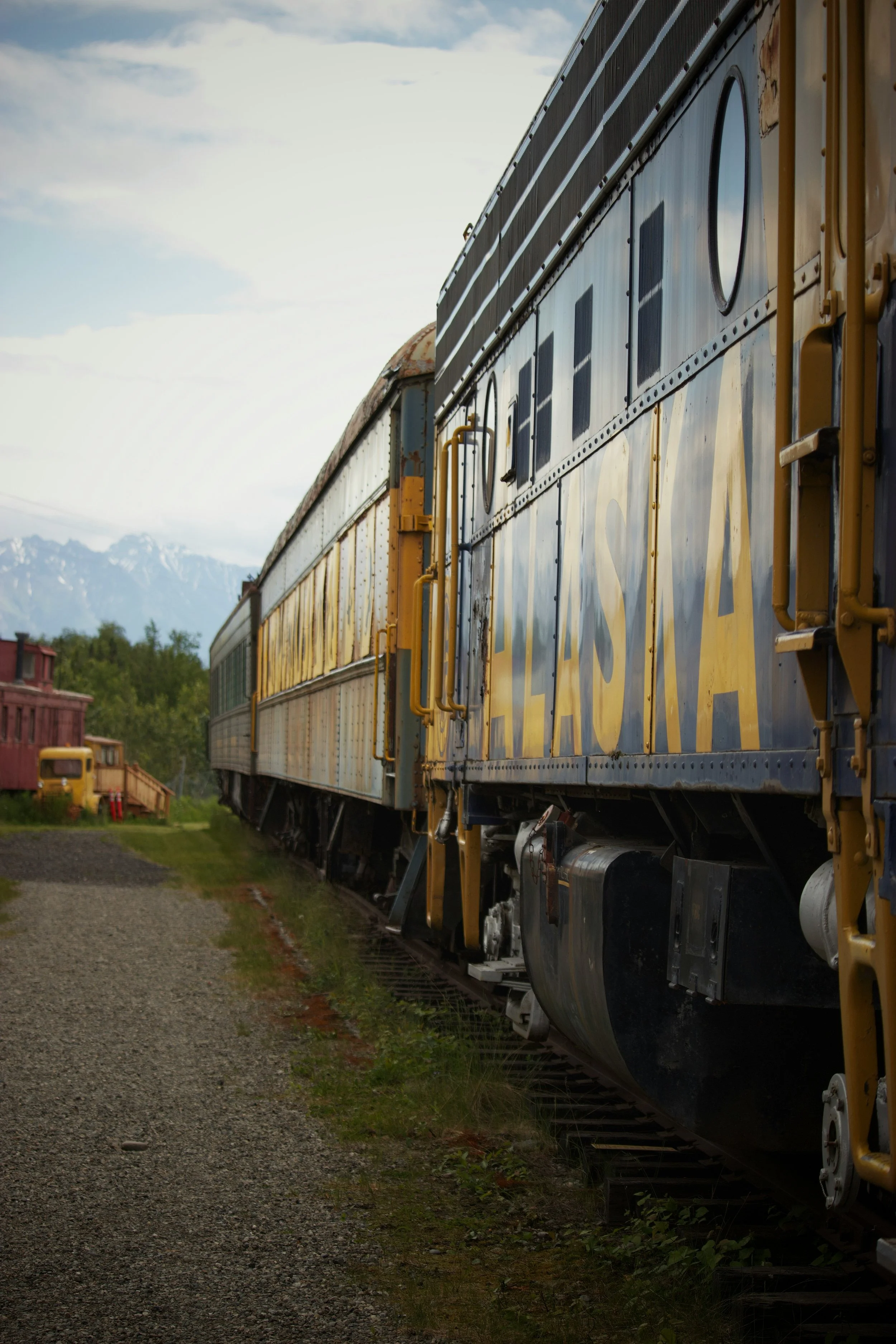 Alaska Railroad train at Denali Train Depot for shuttle and transportation transfers near Denali National Park