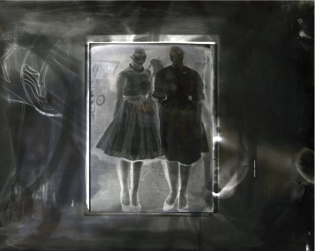 Chelsea Carkeet, Grandma and Aunty Evelyn Out in the City, 2024, chemigram and cliché-verre on silver gelatin print silver gelatin print, exposed 6 seconds, 20.32cm x 25.4cm, photo by artist.