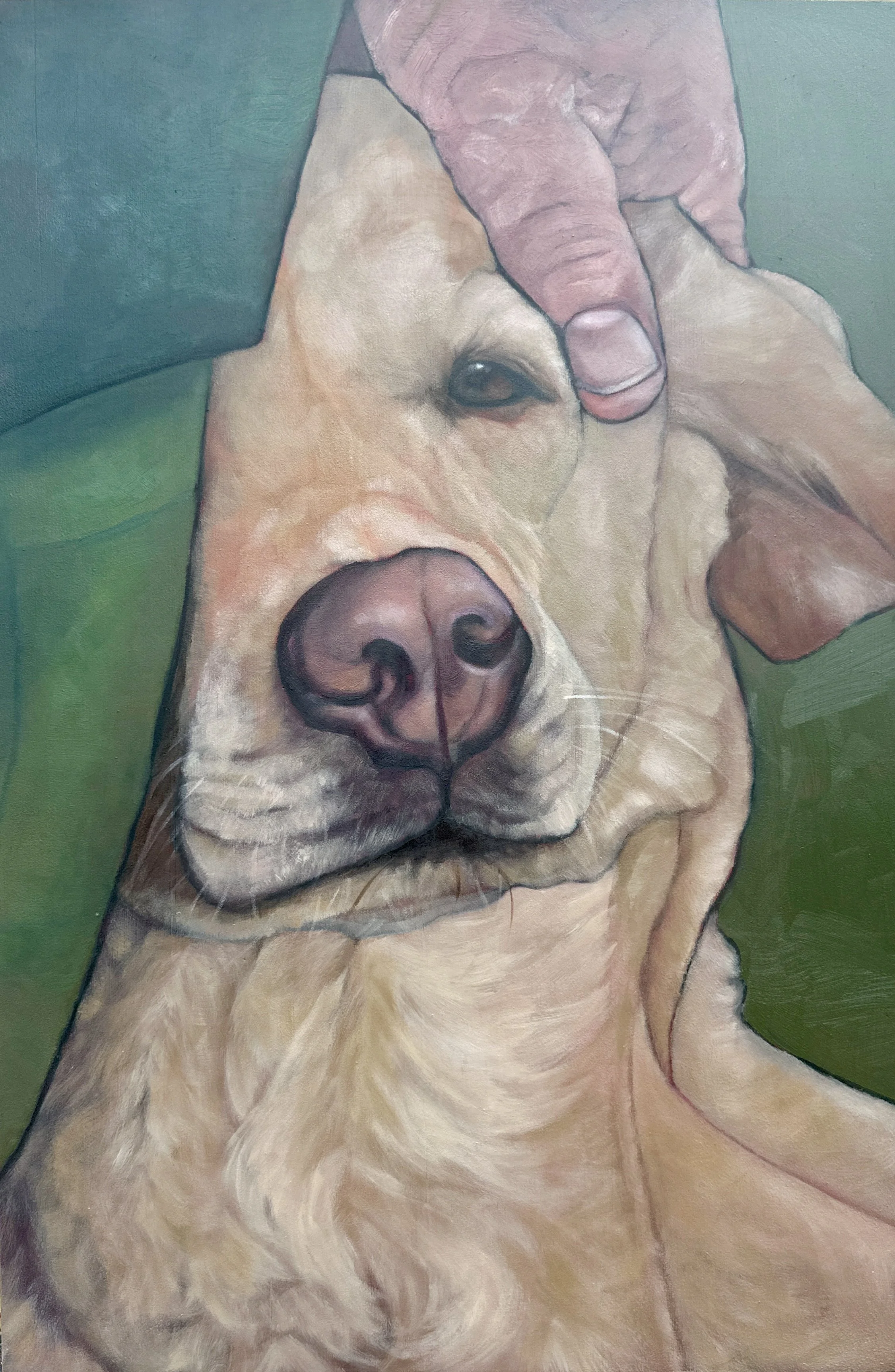 Handled with Care – original oil painting of a dog and human hand by Denise Liebermann