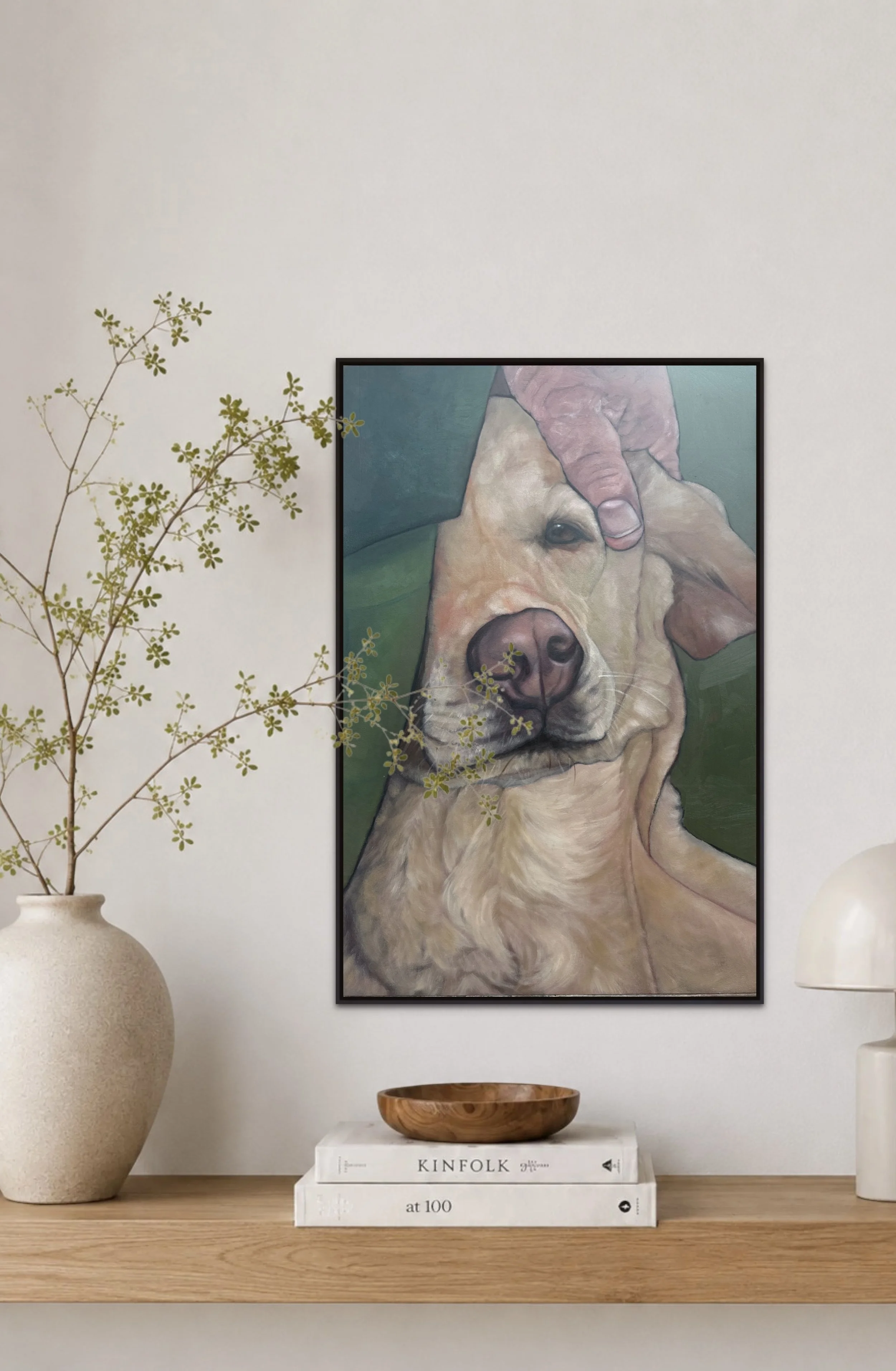 Handled with Care – original oil painting by Denise Liebermann shown in a contemporary interior