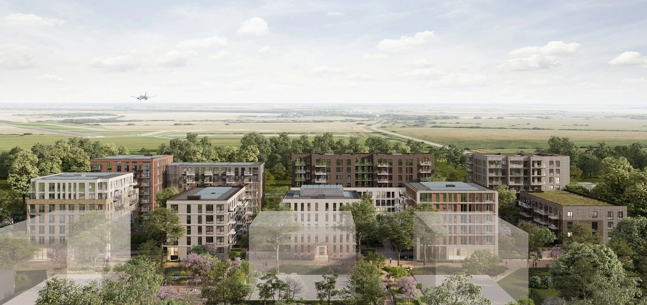 Impressief overzicht van een modern appartementencomplex met verschillende gebouwen omgeven door groene bomen en open parkachtige ruimtes, met een vliegtuig dat in de lucht vliegt op de achtergrond onder een bewolkte hemel.