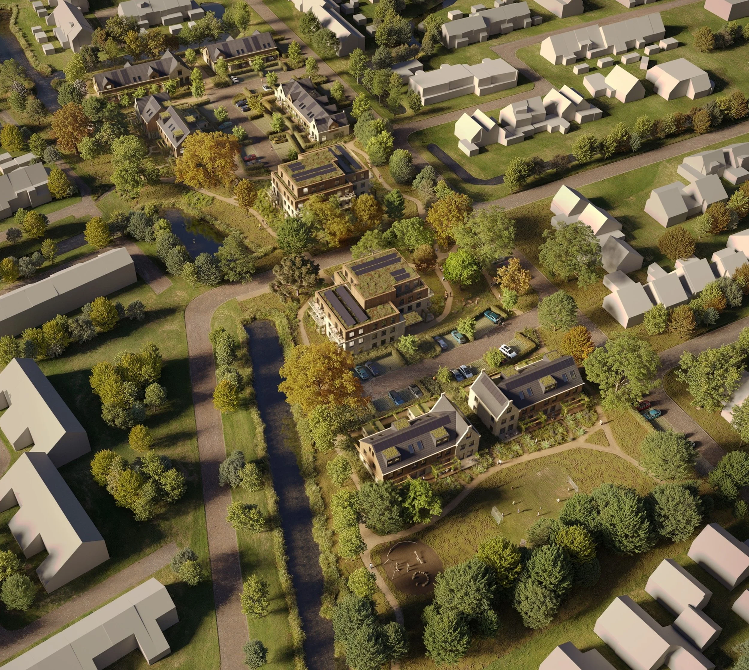 Bovenaanzicht van architectonische rendern van een nieuwe wijk in Opmeer door ENZO architecten