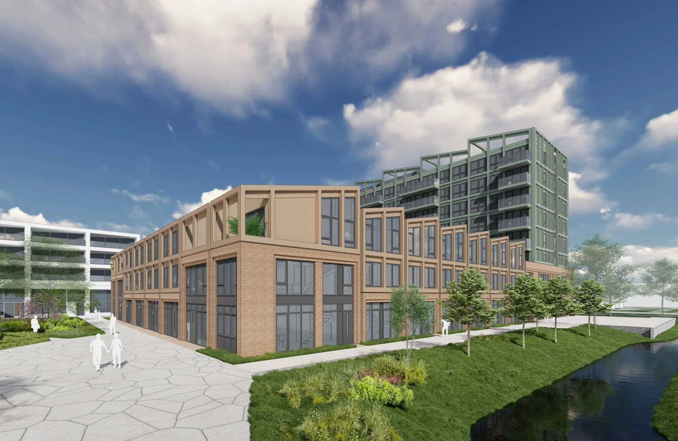Een modern architectonisch ontwerp van een gebouw met brick en glas, omgeven door groen gras en bomen, naast een waterpartij onder een deels bewolkte blauwe lucht.