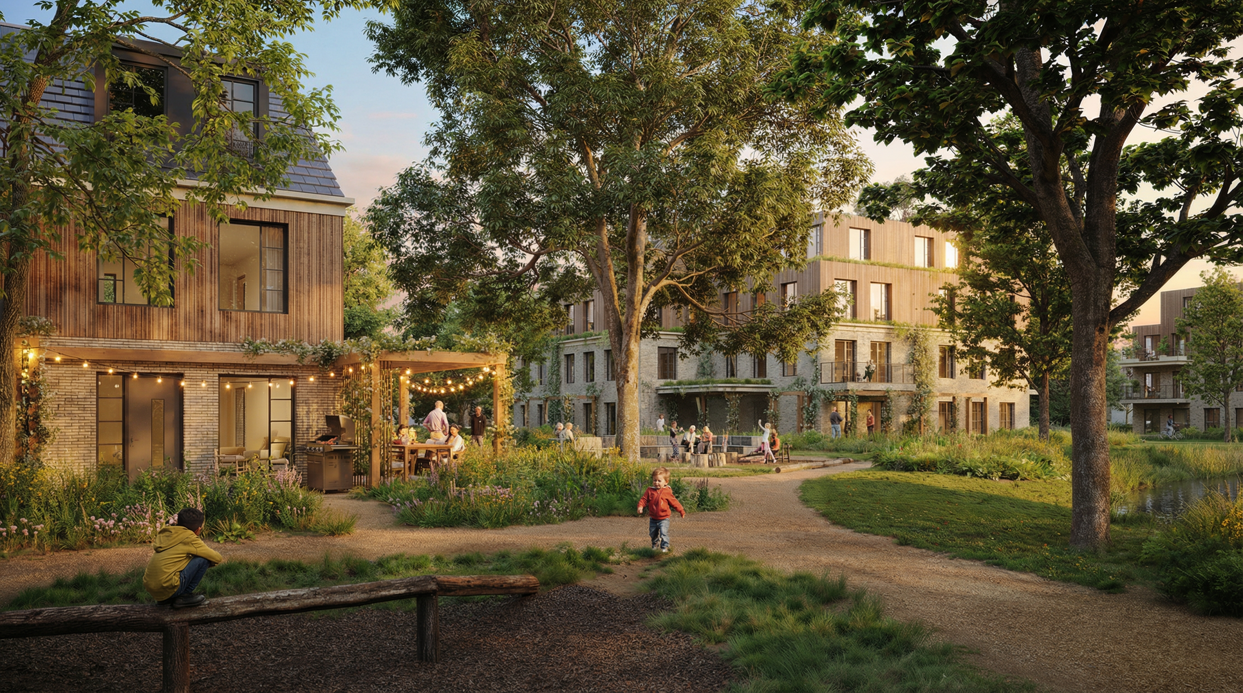 architectuur render van woningen met plenten spelende kinderen in houtbouw en baksteen