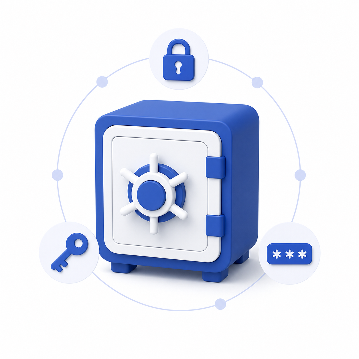 Blue safe icon surrounded by smaller symbols representing a security key, lock, and password protection.