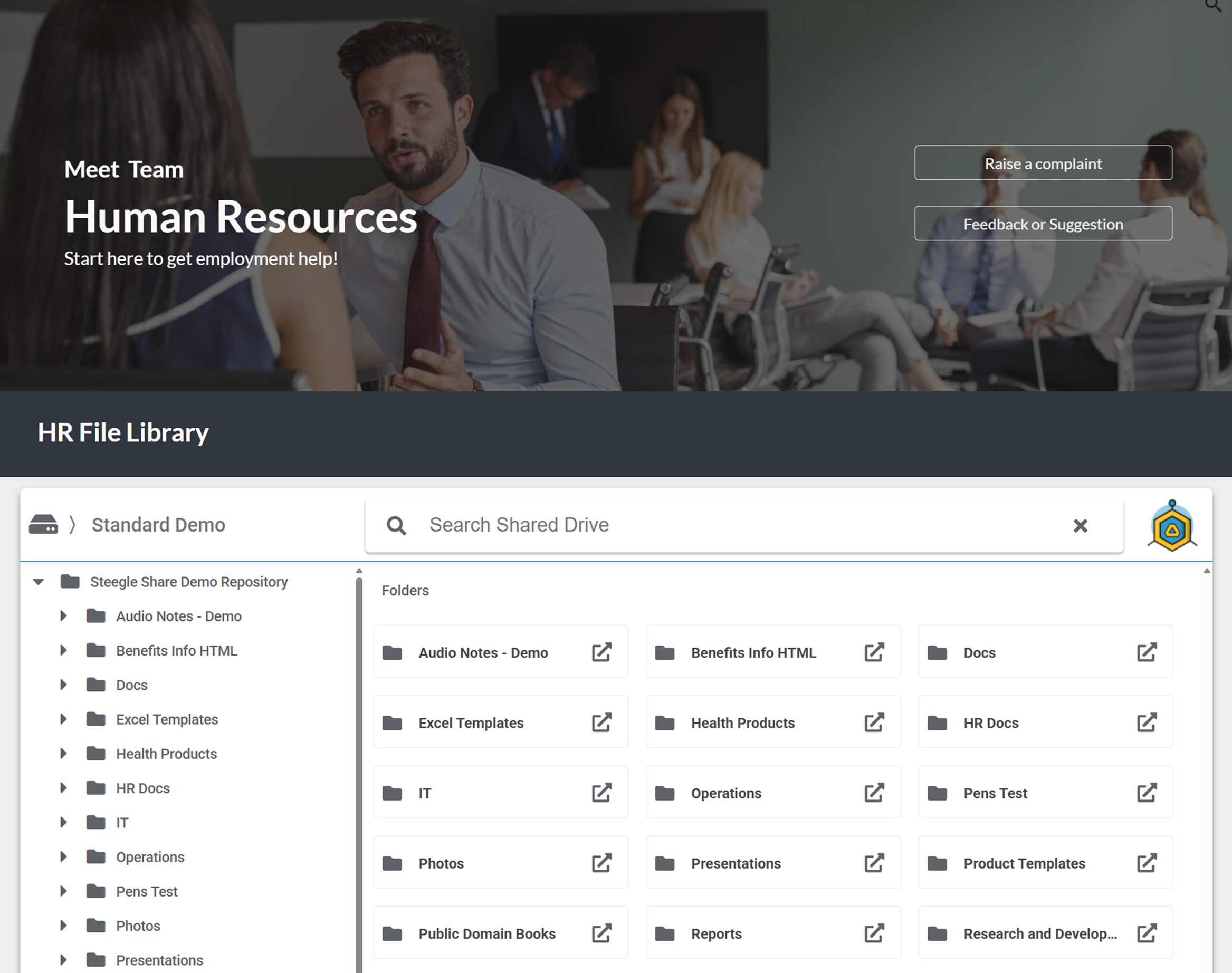 Human Resources portal page with header showing office workers, title ‘Meet Team Human Resources,’ buttons for complaints and feedback, and an HR File Library with folders for Audio Notes, Benefits Info, Docs, and Excel Templates.