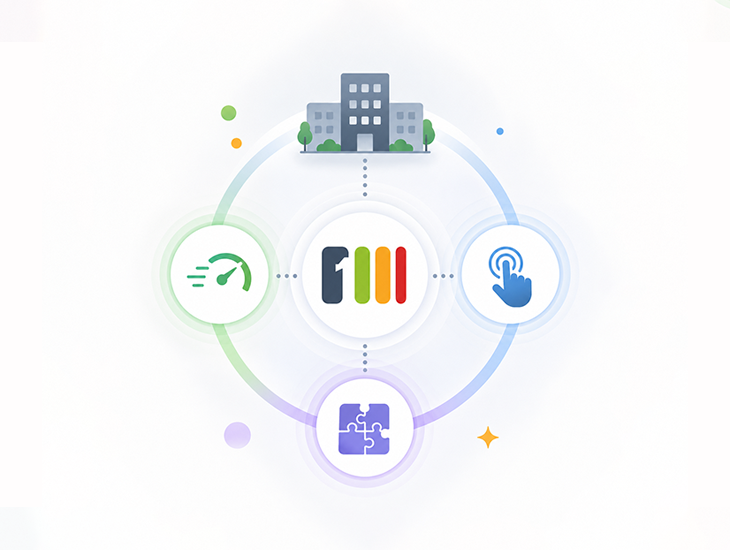 A circular graphic linking business productivity features with Steegle.One.