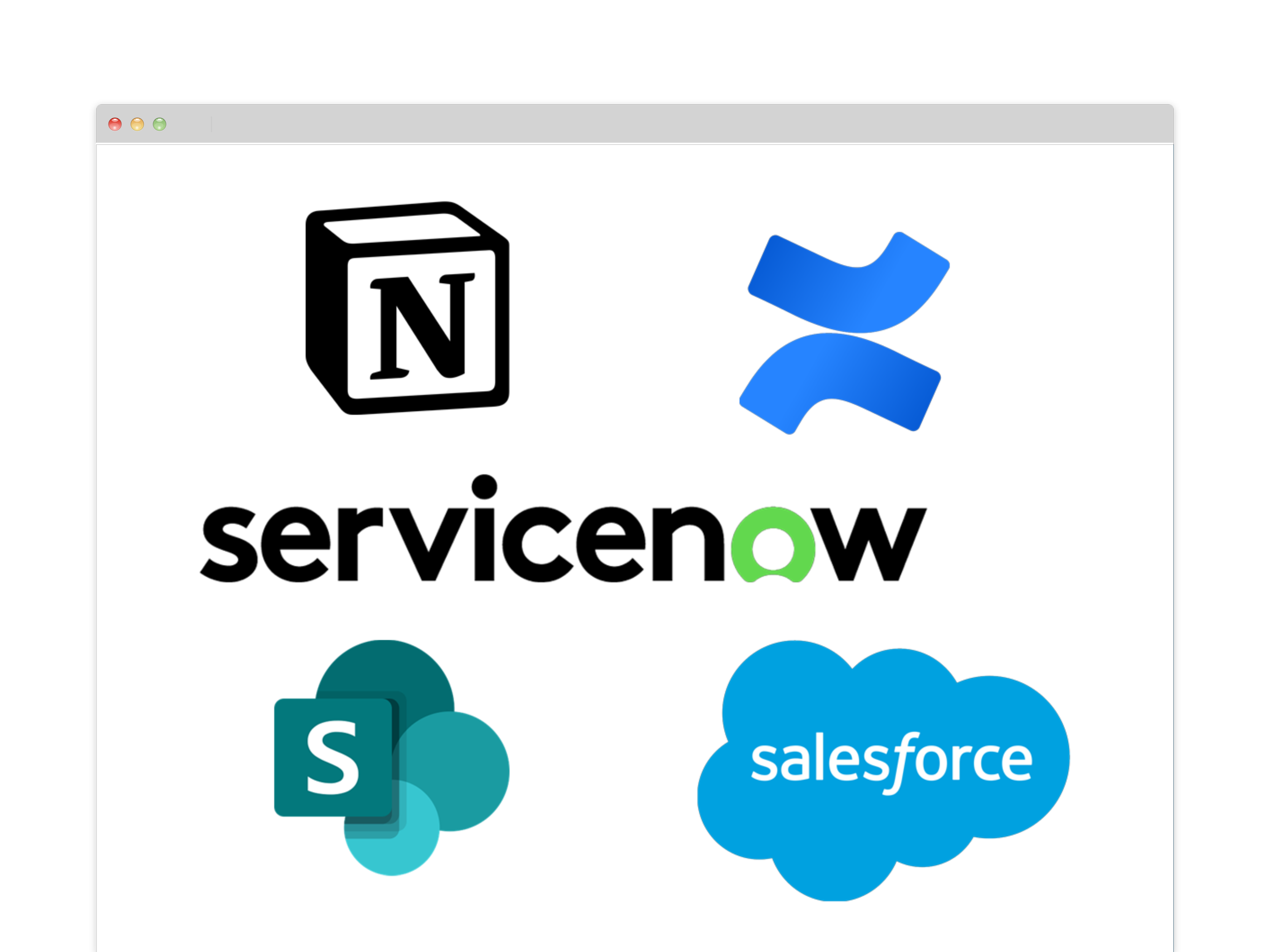 Browser window displaying enterprise intranet solutions including Confluence, Notion, SharePoint, ServiceNow, and Salesforce