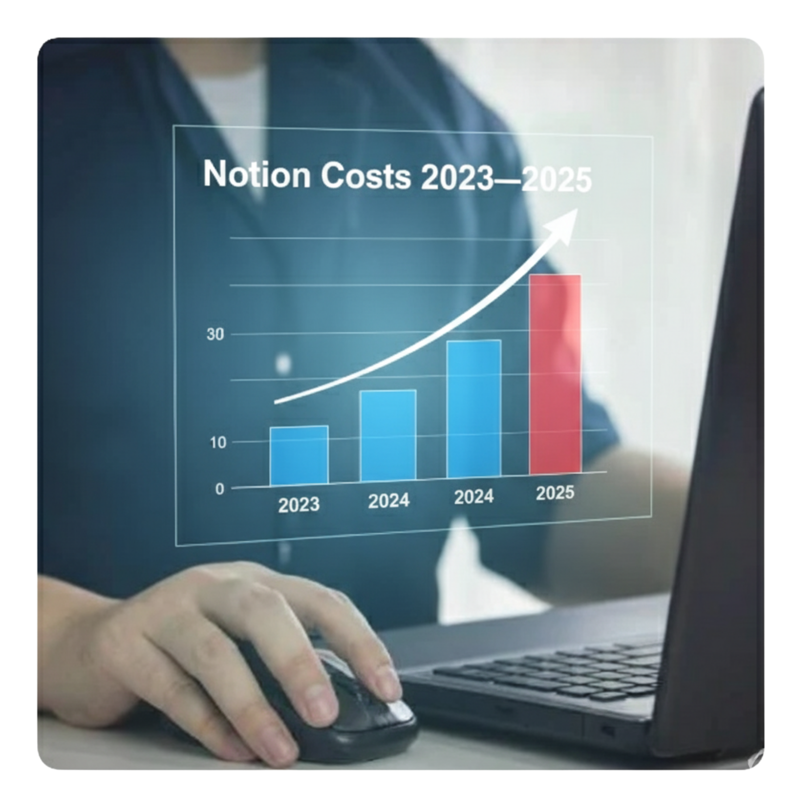 A bar chart titled "Notion Costs 2023–2025" showing a significant upward trend in software expenses. The graphic features blue and red bars with a white growth arrow, overlaid on a person using a laptop and computer mouse.