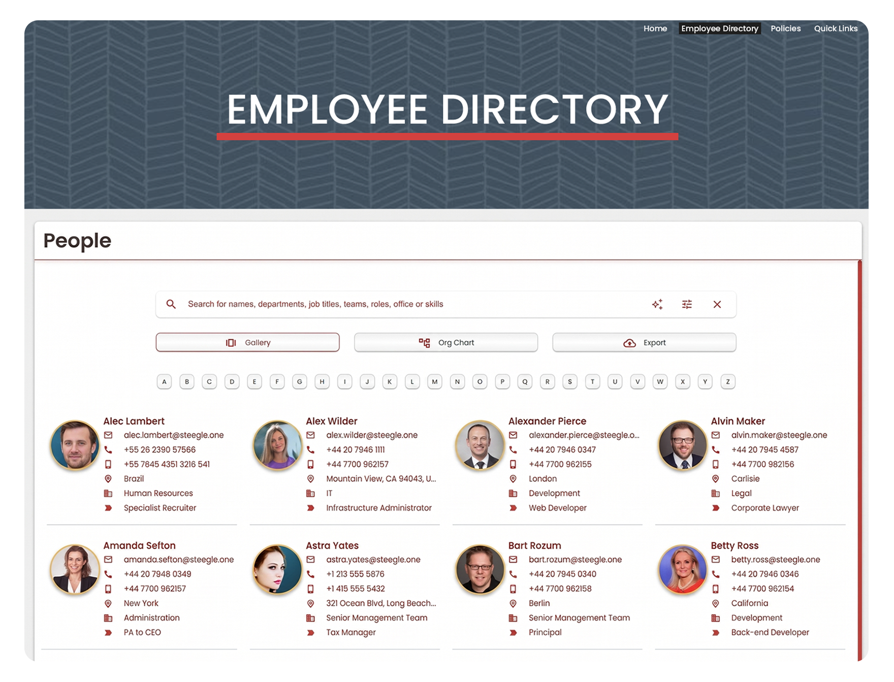 Custom Steegle.One People Directory, enhanced with AI‑powered search for easier employee lookup.
