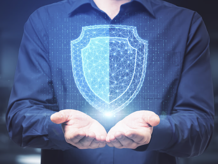 Shield icon floating upright, facing user, symbolizing protection and security.