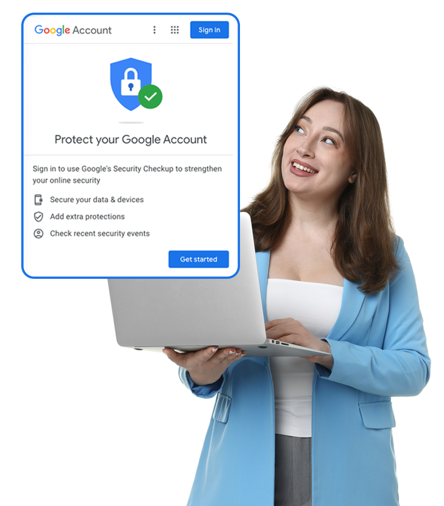 Woman in a blue coat holding a laptop, gazing upward to the left toward Google account settings for account protection.