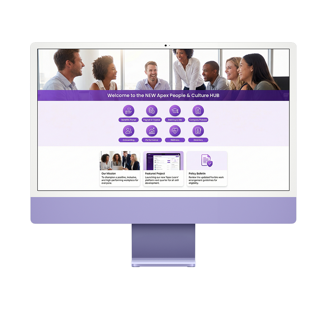 HR intranet showcased on an iMac desktop screen.