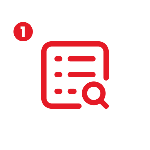 Red outline search document icon with a number one badge.