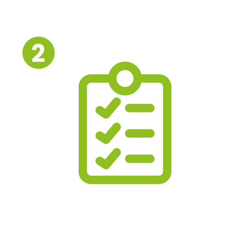 Green outline checklist icon with a number two badge.