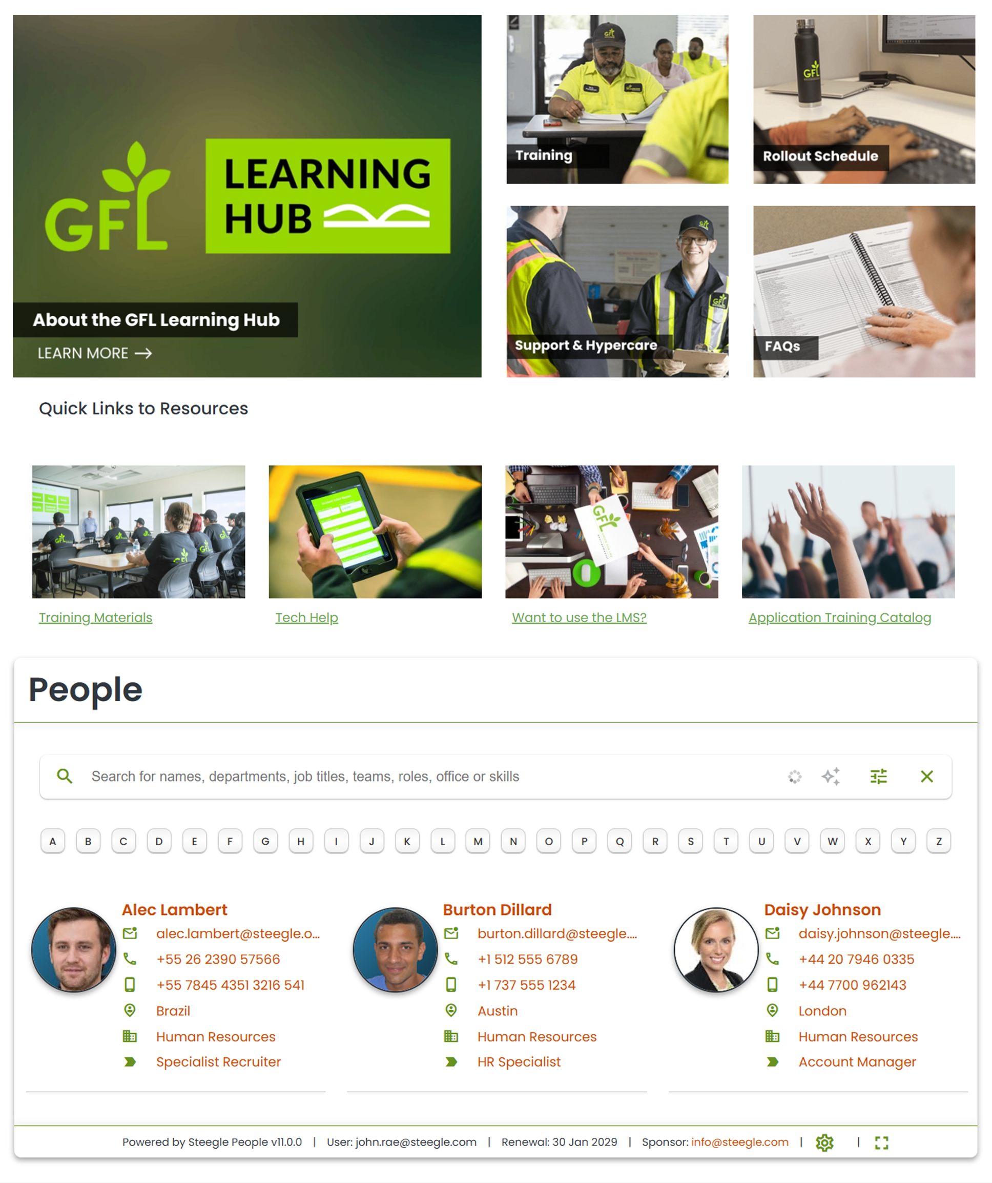 GFL Learning Hub page featuring a large green banner with the GFL logo, multiple smaller section preview images, quick links to resources, and an interactive "People" search directory displaying employee profiles and contact details at the bottom.