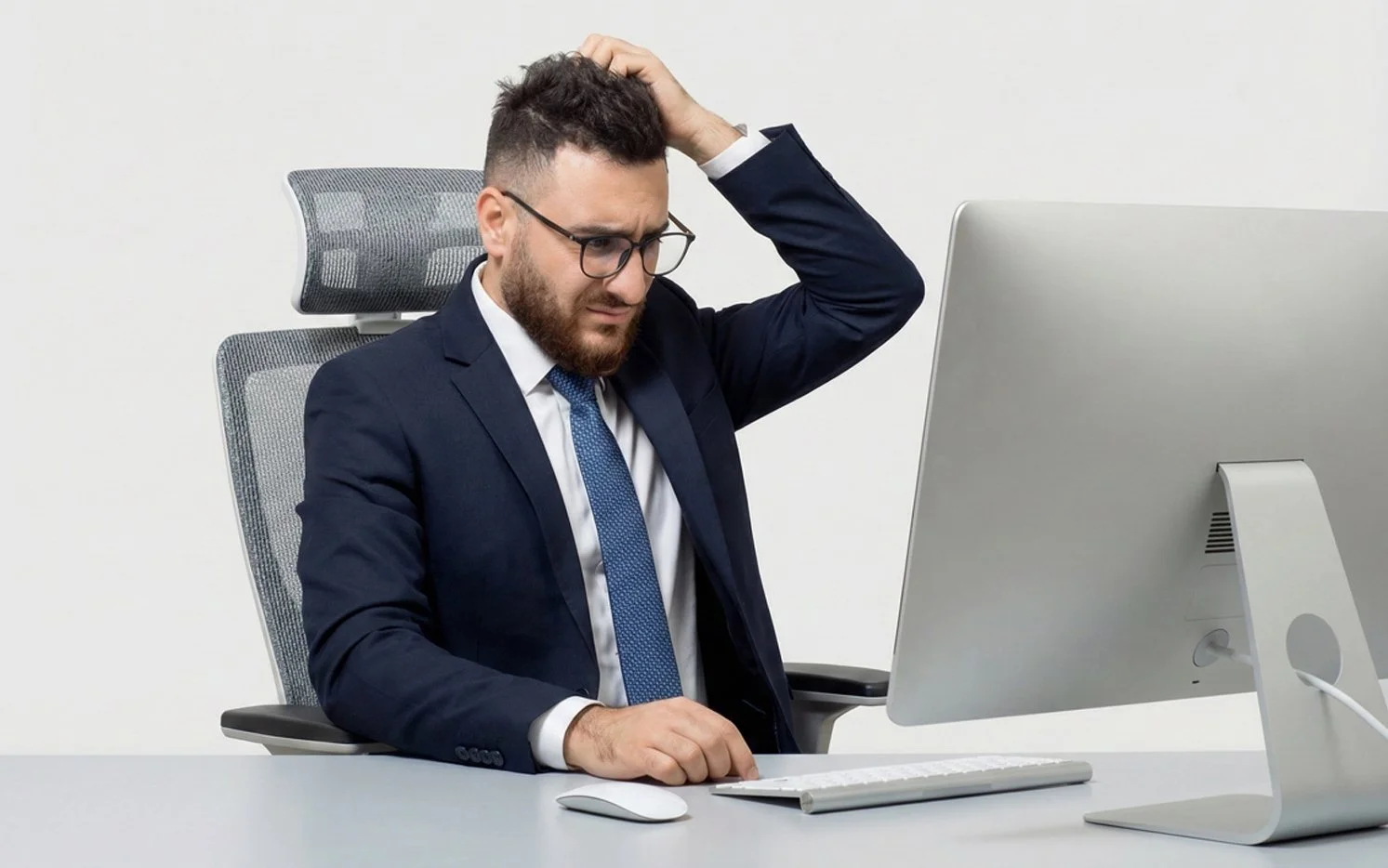Frustrated executive at his desk computer.