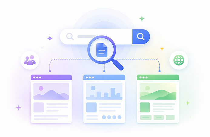 A search bar and magnifying glass searching across Google Sites intranet pages.