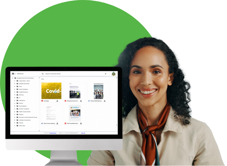Woman Smiling with Steegle Share at desktop