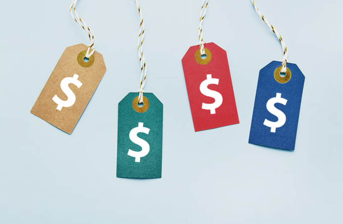 Four colorful hanging price tags representing hidden intranet business costs.