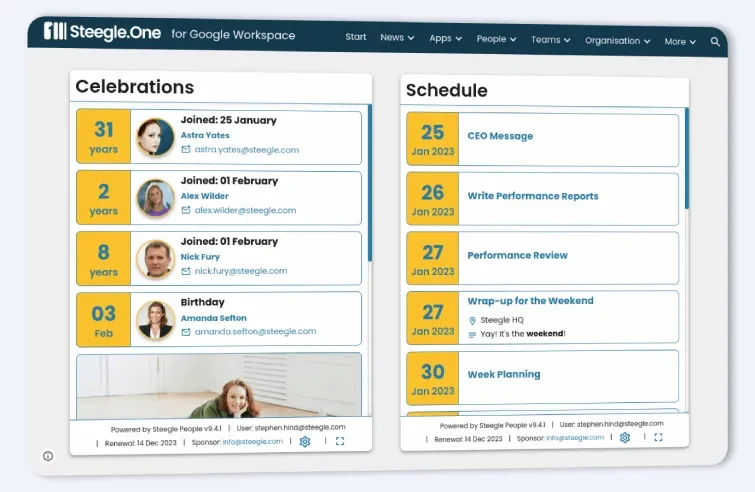 Screenshot of Celebrations: long service, work anniversaries and birthdays, and see upcoming events in Schedule for Google Calendar part of Steegle.One Google Workspace intranet Google site