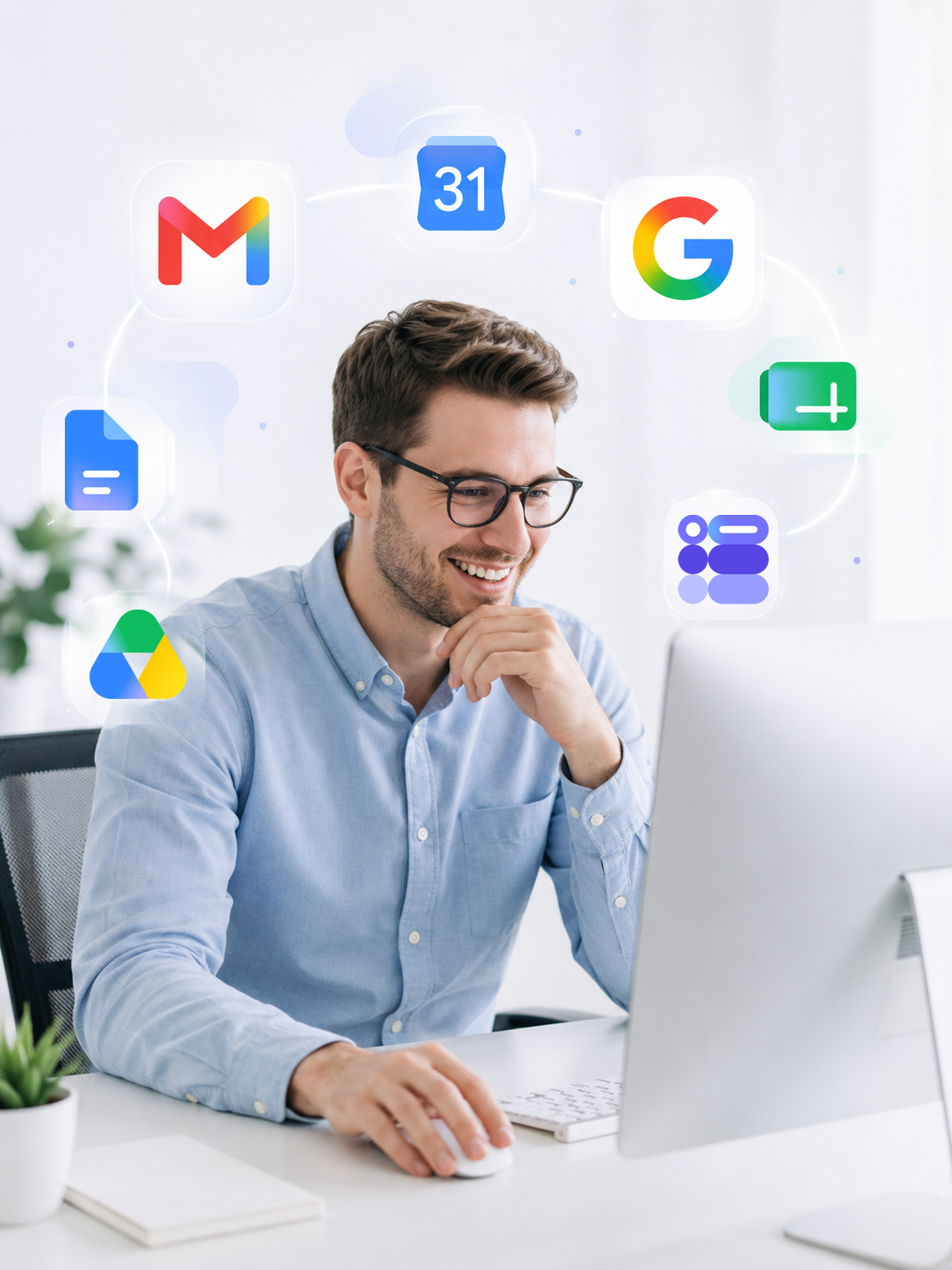 Smiling professional working with Google Workspace productivity apps
