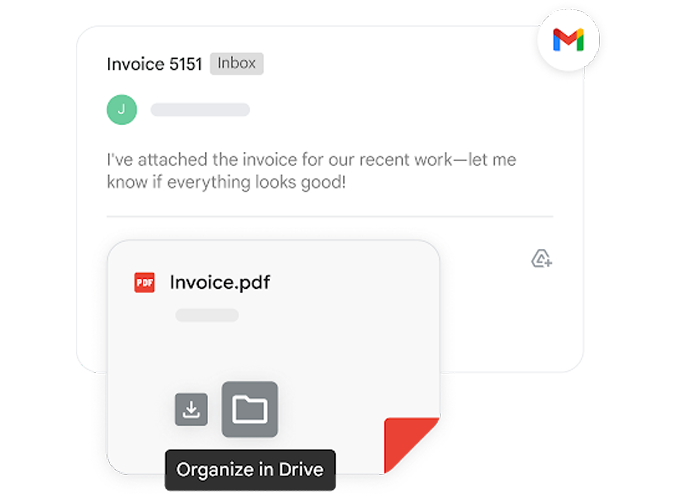 Email with attached invoice PDF being saved and organized in Google Drive.