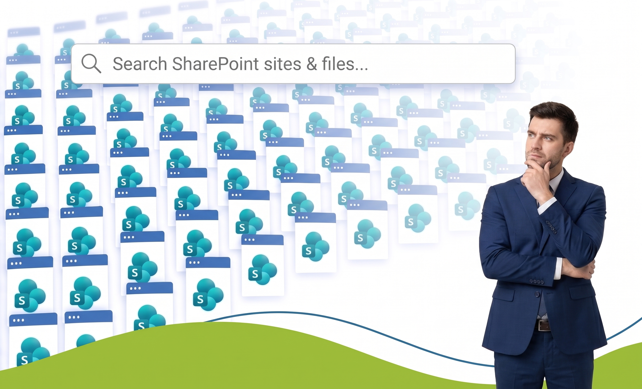 Businessman looking thoughtfully at a vast background of SharePoint files and a search bar.